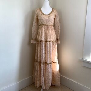 Vtg Floral Maxi Dress Ivory XS Long Sleeve Tiered Prairie Peasant Cottage 70s